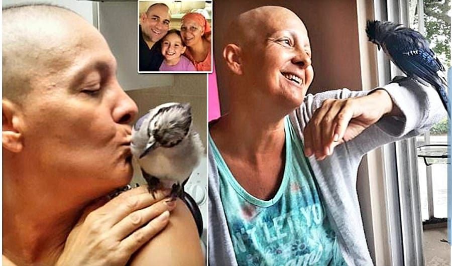 Dina, during her cancer treatment, kissing Gracie and smiling as he perches on her shoulder